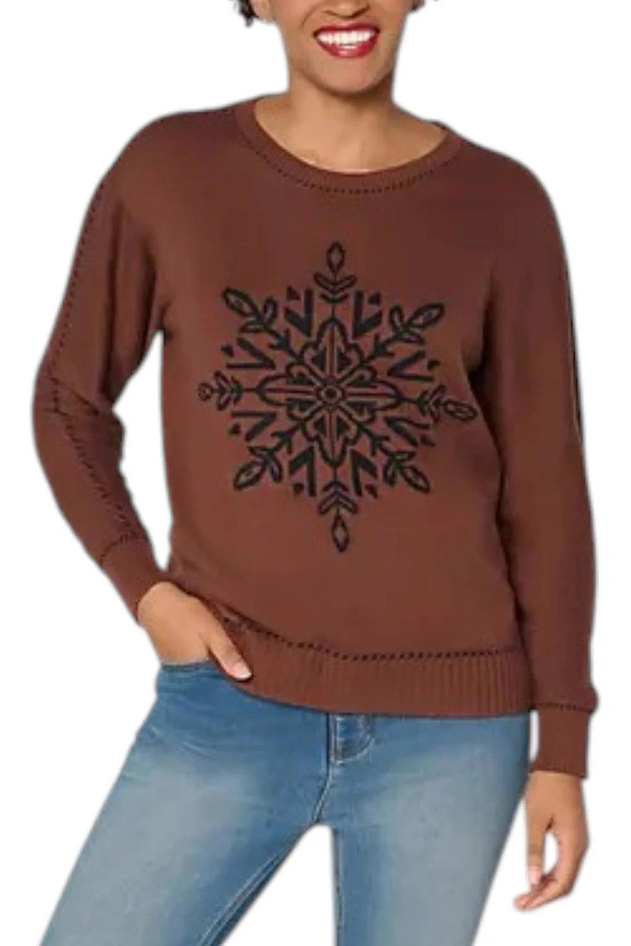 Joan Rivers Women's Snowflake Sweater w/ Birdseye Stitching Coffee - Regular
